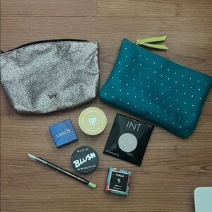IPSY Teal and Glitter Makeup Bags with Cosmetics